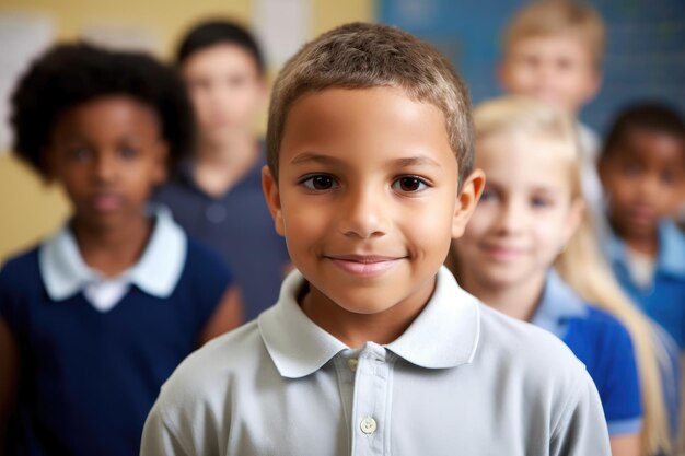 Portrait d'un jeune garçon avec ses camarades de classe en arrière-plan créé avec l'AI générative