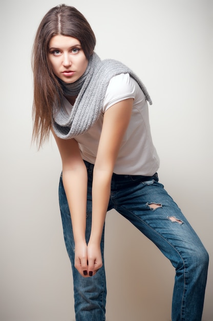 portrait, jeune, girl, blanc, chemise, jean