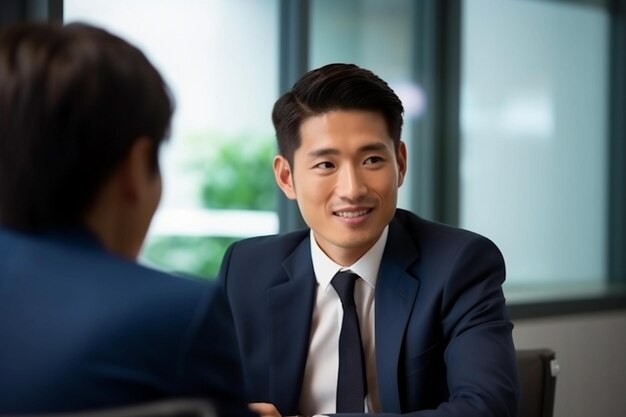 Portrait d'un jeune homme d'affaires asiatique parlant à son collègue de bureau