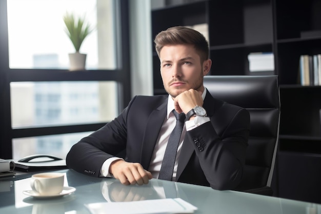 Portrait d'un jeune homme d'affaires confiant travaillant dans un bureau créé avec une IA générative