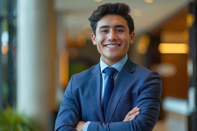 Portrait d'un jeune homme d'affaires hispanique confiant debout au bureau dans un costume d'affaires bleu Manager d'entreprise à succès posant pour la caméra avec les bras croisés souriant joyeusement