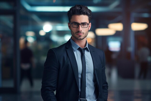 Portrait d'un jeune homme d'affaires portant des lunettes et un bloc.