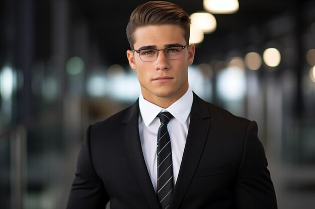 Portrait d'un jeune homme d'affaires portant des lunettes et un bloc.