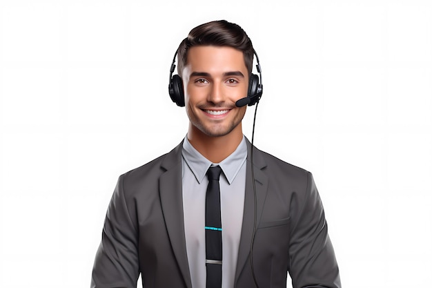 Portrait d'un jeune homme d'affaires souriant avec casque isolé sur fond blanc