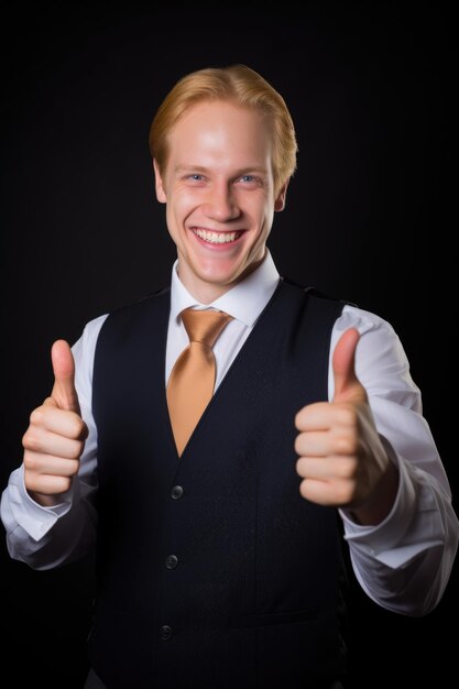 Portrait d'un jeune homme d'affaires souriant montrant les pouces vers le haut créé avec l'IA générative