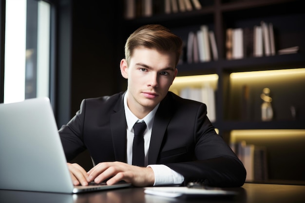 Portrait d'un jeune homme d'affaires utilisant son ordinateur portable alors qu'il travaille dans un bureau