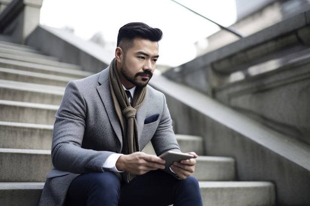 Portrait d'un jeune homme d'affaires utilisant une tablette numérique à l'extérieur créée avec une IA générative