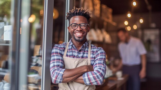 Photo portrait d'un jeune homme afro-américain heureux debout à la porte de son magasin