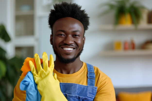 Photo portrait d'un jeune homme afro-américain heureux et souriant portant des gants en caoutchouc avec des outils de nettoyage et des chiffons debout dans le salon et regardant gaiement la caméra