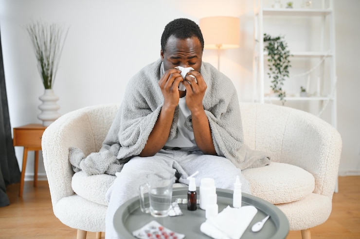 Photo portrait d'un jeune homme afro-américain malade enveloppé dans une couverture sur le canapé.