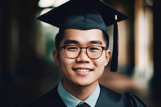 Portrait d'un jeune homme américain d'origine asiatique portant un bonnet de graduation Concept d'études supérieures en éducation Illustration générative de l'IA