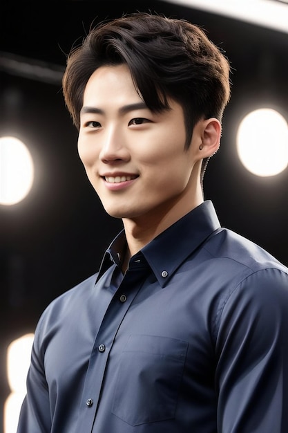 Portrait d'un jeune homme asiatique en chemise noire dans des lumières de soffit