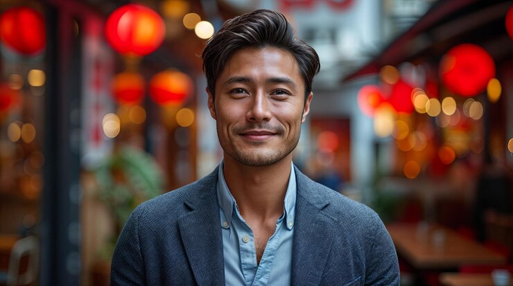 Photo portrait d'un jeune homme asiatique en costume d'affaires dans la rue
