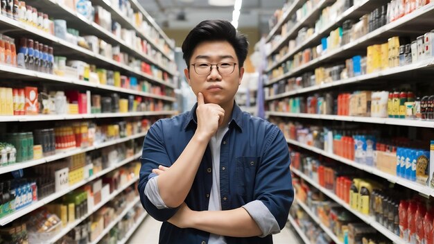 Photo portrait d'un jeune homme asiatique exigeant face à un choix en pensant à quel produit il vaut mieux choisir