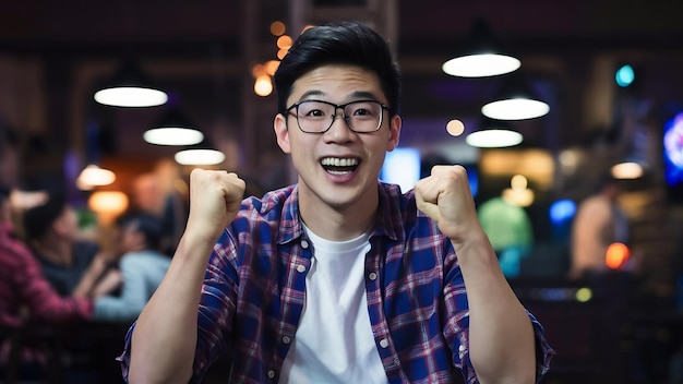 Photo portrait d'un jeune homme asiatique heureux et énergique regardant un match sportif à la télévision dans un pub.