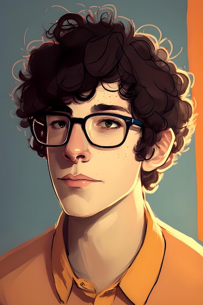 Portrait d'un jeune homme aux cheveux bouclés et aux lunettes.