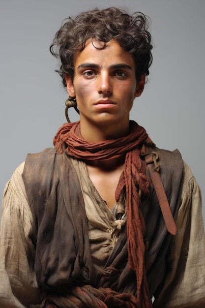 Portrait d'un jeune homme aux cheveux bouclés portant un gilet brun et un foulard rouge