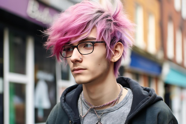 Portrait d'un jeune homme aux cheveux roses dans la rue