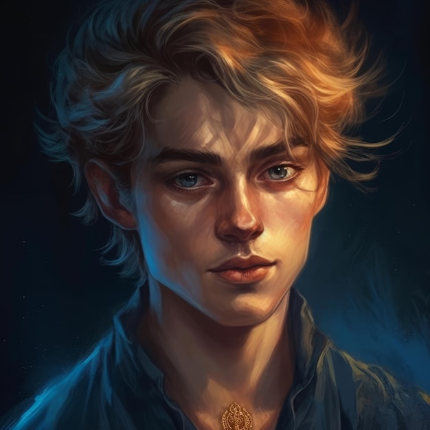 Un portrait d'un jeune homme aux yeux bleus et un collier en or.