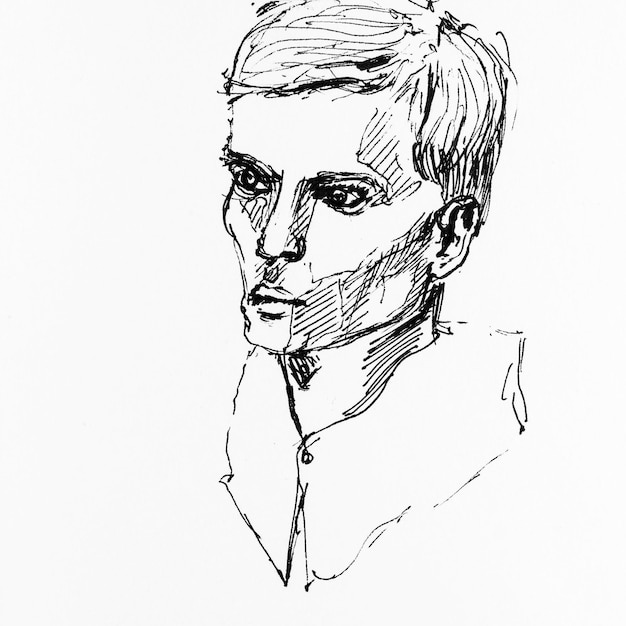 Portrait d'un jeune homme beau dessiné à la main à l'encre noire sur papier œuvre d'art en noir et blanc