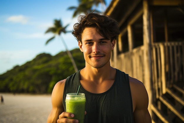 Portrait d'un jeune homme buvant un smoothie vert sur une plage tropicale