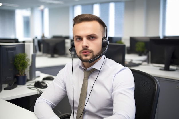 Portrait d'un jeune homme confiant travaillant dans un centre d'appels créé avec une IA générative