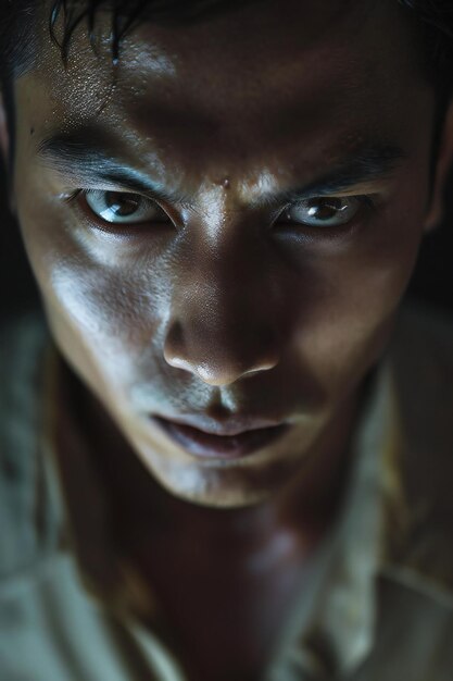 Portrait d'un jeune homme dans le noir Closeup