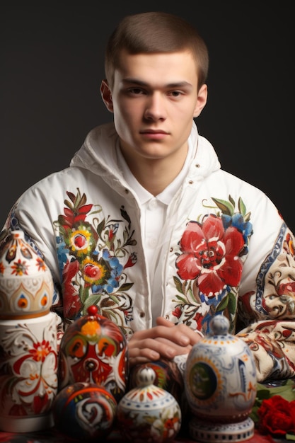 Photo portrait d'un jeune homme dans une veste traditionnelle russe avec des motifs floraux