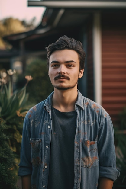 Portrait d'un jeune homme debout devant sa maison pendant la journée créé avec l'AI générative