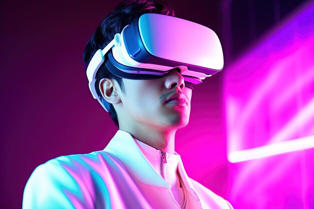 Portrait d'un jeune homme futuriste portant des lunettes de réalité virtuelle
