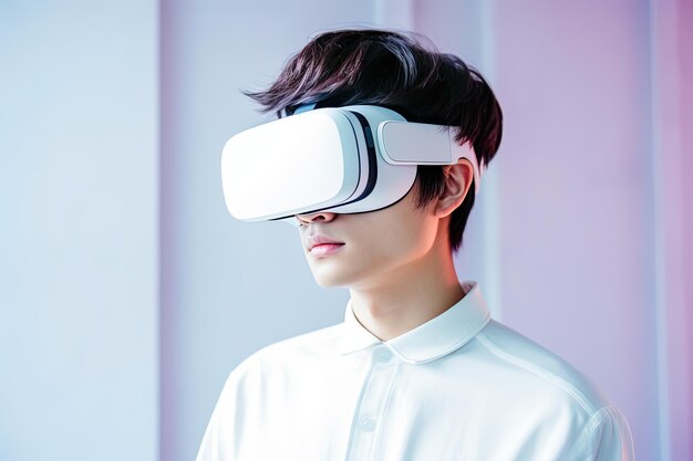 Portrait d'un jeune homme futuriste portant des lunettes de réalité virtuelle