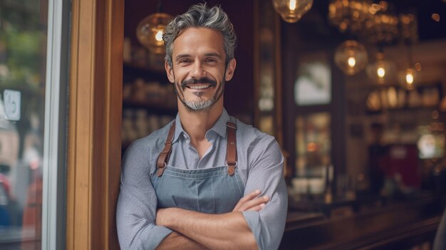 Portrait d'un jeune homme heureux debout à la porte de son magasin Serveuse mature et joyeuse attendant des clients au café Propriétaire de petite entreprise Generative Ai