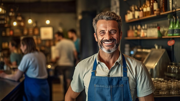 Portrait d'un jeune homme heureux debout à la porte de son magasin