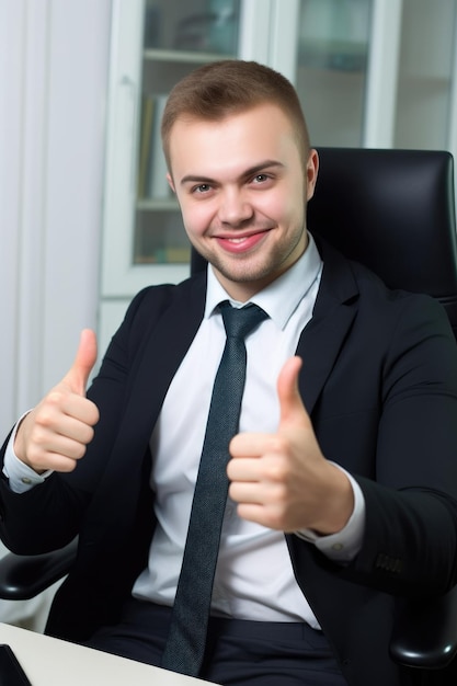 Portrait d'un jeune homme heureux donnant le coup de pouce dans un bureau