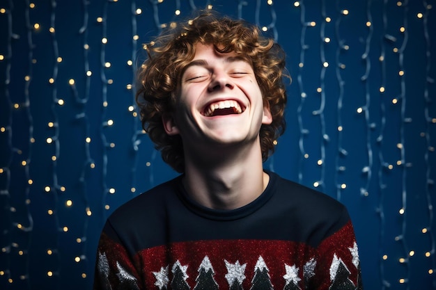 Portrait d'un jeune homme heureux avec des lumières de Noël en arrière-plan