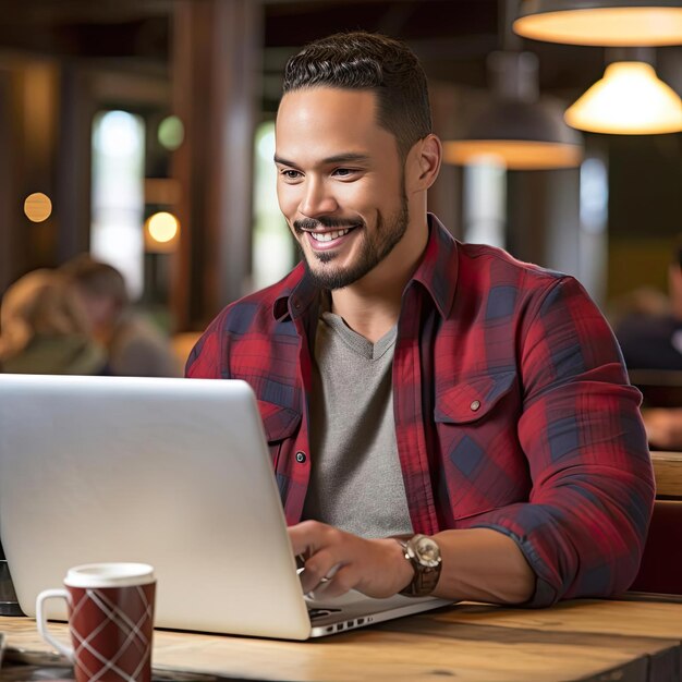 Portrait d'un jeune homme heureux utilisant un ordinateur portable dans un café