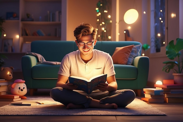 Portrait d'un jeune homme joyeux lisant un livre assis sur le sol de son salon