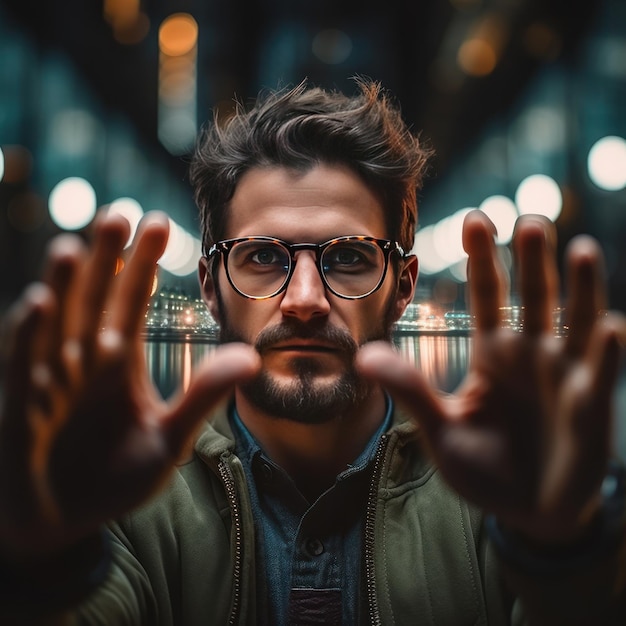 Portrait d'un jeune homme avec des lunettes dans une ville la nuit