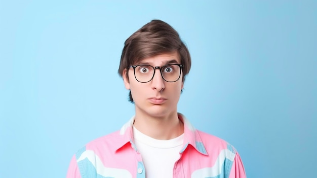 Portrait d'un jeune homme à lunettes Nerd avec une drôle d'expression de visage sur fond bleu