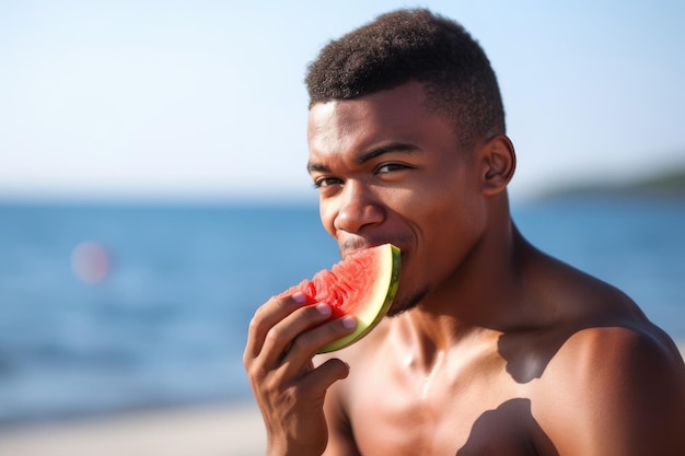 Portrait d'un jeune homme mangeant de la pastèque sur la plage