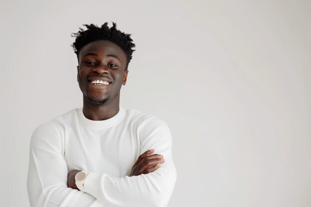 Portrait d'un jeune homme noir élégant debout avec les bras croisés et riant sur un fond blanc