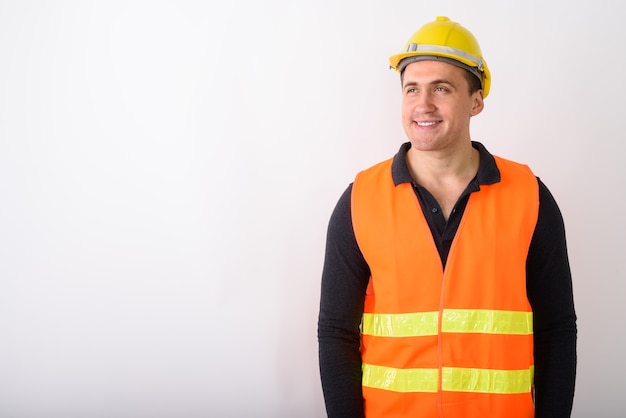 Portrait, de, jeune homme, ouvrier construction, debout