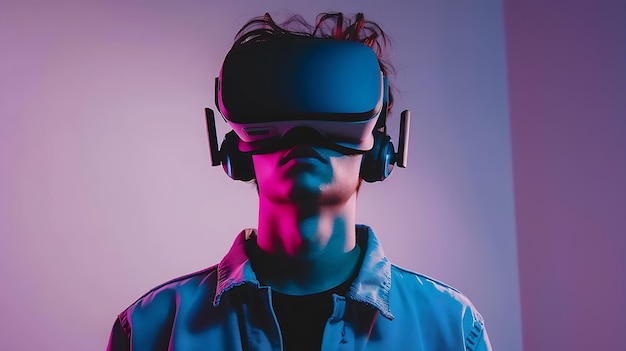 Portrait d'un jeune homme portant un casque de réalité virtuelle. Il regarde la caméra avec une expression de surprise sur son visage.