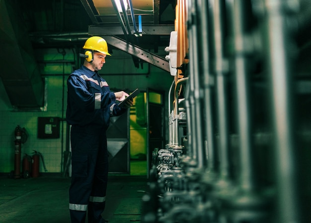 Portrait de jeune homme de race blanche habillé en vêtements de travail à l'aide de tablette en se tenant debout dans une usine de chauffage.