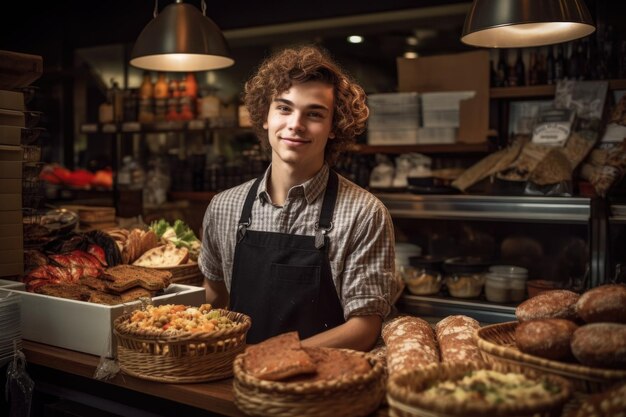 Portrait d'un jeune homme servant de la nourriture dans un magasin spécialisé créé avec une IA générative