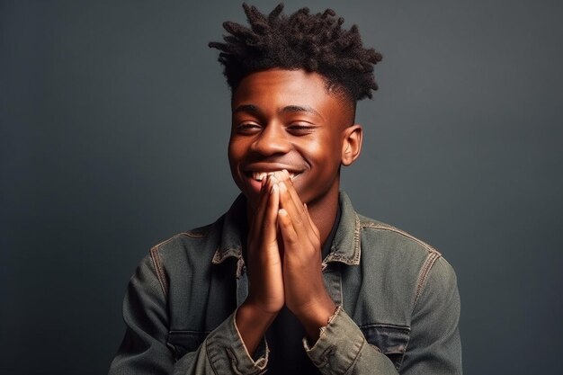 Portrait d'un jeune homme souriant priant sur fond sombre