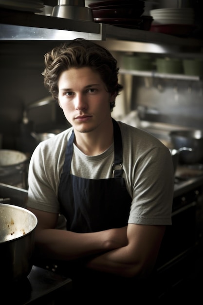 Portrait d'un jeune homme travaillant dans une cuisine créée avec une IA générative