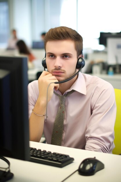 Portrait d'un jeune homme travaillant à son bureau dans un centre d'appels créé avec l'IA générative