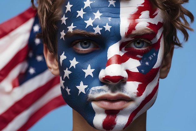 Portrait d'un jeune homme avec le visage peint dans les couleurs du drapeau des États-Unis Votant à l'élection