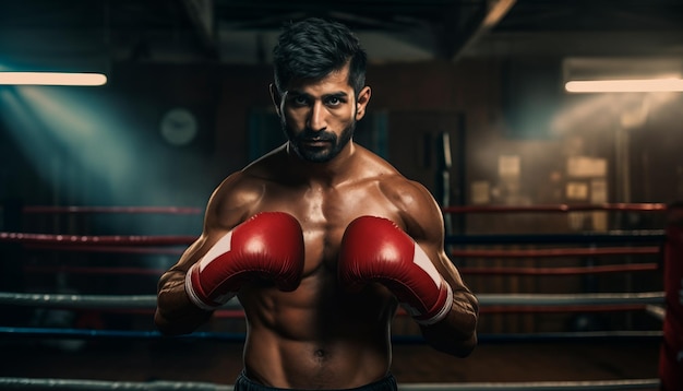 Portrait d'un jeune Indien portant des gants de boxe dans une salle de sport sur fond sombre